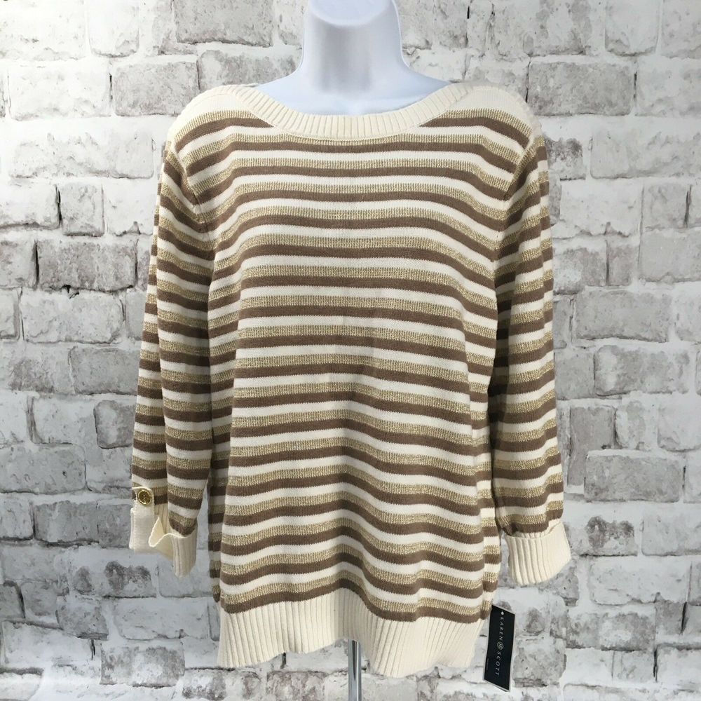 Karen Scott Women's Size XXL Sweater Metallic Striped Khaki Chestnut